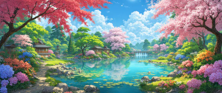 日式庭园樱花池塘插画.png