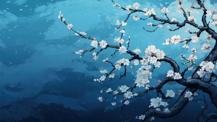 蓝底白樱花枝插画.png